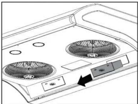 Line drawing of a front-mounted appliance with two fans and a control panel, showing airflow direction (no text or symbols)