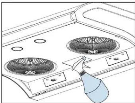 Line drawing of a kitchen appliance with two fans and a hand holding a spray bottle (no text or symbols)