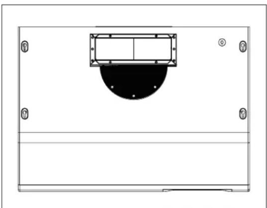 Top-down schematic of a mechanical component with mounting holes and a central circular housing (no text or symbols)