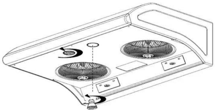 Line drawing of a front-mounted air conditioner unit with two fans and control panel (no text or symbols)