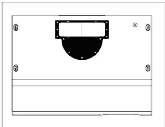 Pure technical diagram of a mechanical component with mounting holes and a central semicircular feature (no text or symbols)