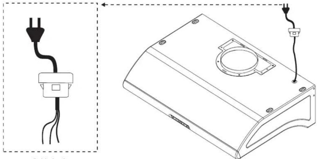 Technical line drawing of a device housing with wiring and mounting holes (no text or symbols)