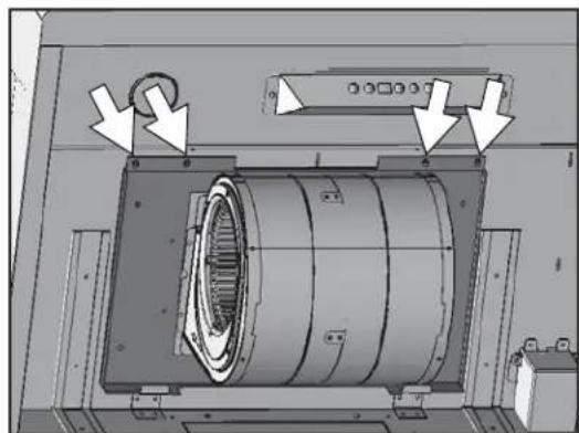 Mechanical assembly diagram showing a cylindrical component with mounting holes and directional arrows indicating motion (no text or symbols present)