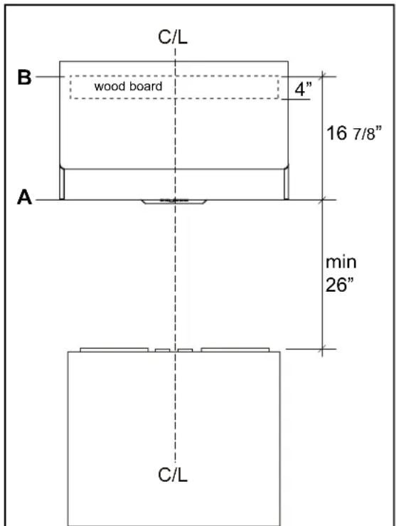 C/L B wood board 4" 16 7/8" A min 26" C/L