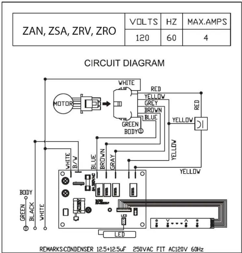ZAN, ZSA, ZRV, ZRO VOLTS HZ MAX.AMPS 120 60 4 CIRCUIT DIAGRAM MOTOR WHITE RED YELLOW GREEN BROWN BLUE YELLOW BODY BODY WHITE B/W BLUE BROWN GRAY YELLOW BODY GREEN BLACK WHITE LED REMARKS:CONDENSER 12.5+12.5uF 250VAC FIT AC120V 60Hz