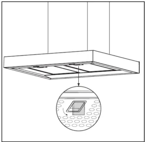 Diagram of a ceiling structure with an inset showing a square component submerged in liquid (no text or symbols present)