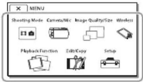 MENU Shooting Mode Camera/Mic Xiage Quality/Size Wireless Playback Function Edit/Copy Setup