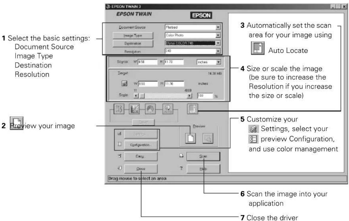 1 Select the basic settings: Document Source Image Type Destination Resolution 2 Preview your image 3 Automatically set the scan area for your image using Auto Locate 4 Size or scale the image (be sure to increase the Resolution if you increase the size or scale) 5 Customize your Settings, select yo…