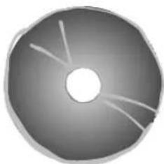 Circular object with a central hole and radiating lines, resembling a CD or DVD (no text or symbols)