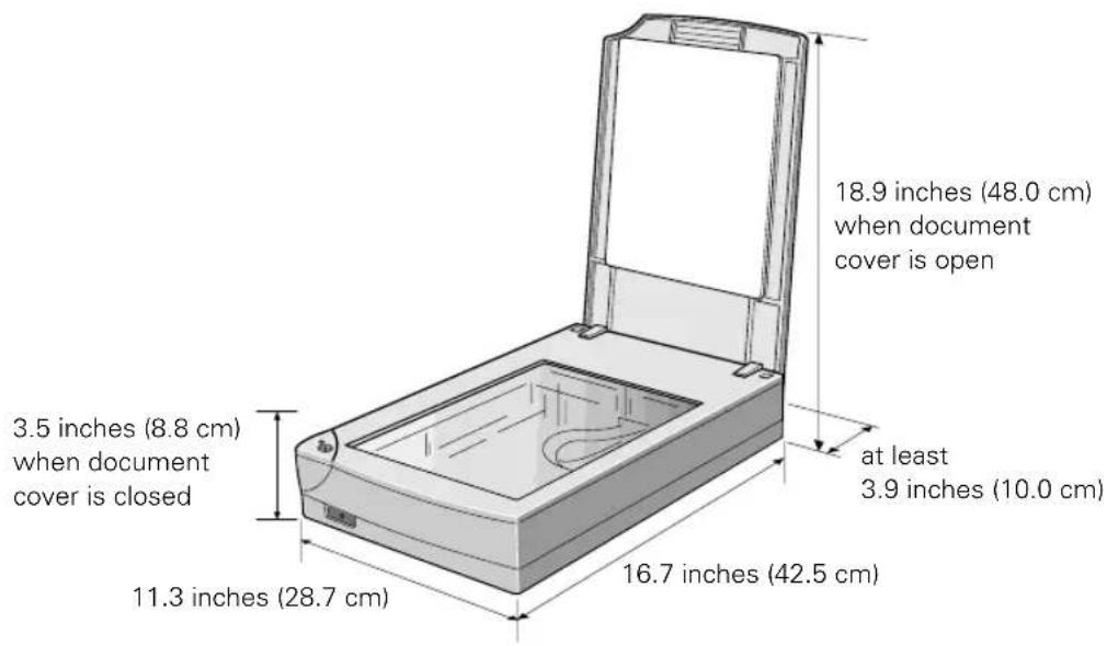 18.9 inches (48.0 cm) when document cover is open 3.5 inches (8.8 cm) when document cover is closed at least 3.9 inches (10.0 cm) 11.3 inches (28.7 cm) 16.7 inches (42.5 cm)