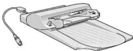 Illustration of a flatbed printer with a cable and connector (no text or symbols)