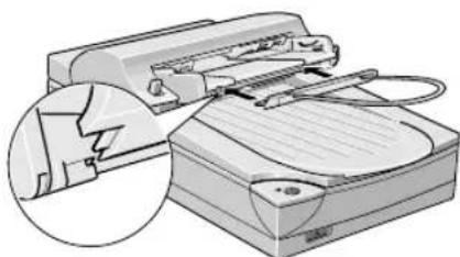 Illustration of a printer with a magnified inset showing a damaged mechanism (no text or symbols present)