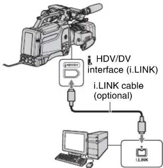 graph TD A["HDV/DV interface (i.LINK)"] --> B["i.LINK cable (optional)"] B --> C["I.LINK"] D["Computer"] --> C style A fill:#f9f,stroke:#333 style B fill:#ccf,stroke:#333 style C fill:#cfc,stroke:#333
