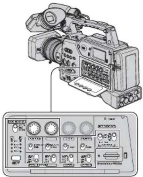 Diagram of a professional video camera with labeled control panels and buttons, including settings like RESET, INPUT, and CHI/CHD.