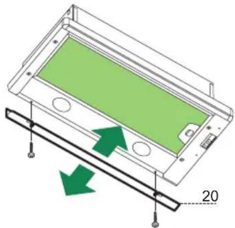 Diagram of a device casing with green internal panel and directional arrows indicating movement, labeled '20' (no text or symbols on the diagram itself)