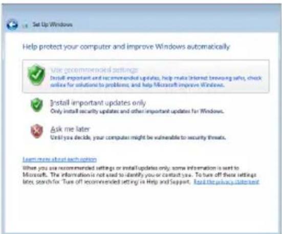 Set Up Windows Help protect your computer and improve Windows automatically Use recommended settings Install important and recommended updates, help make Internet browsing safe, check online for solutions to problems, and help Microsoft improve Windows. Install important updates only Only install se…