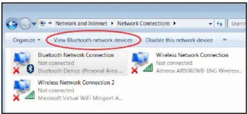 Network and Internet ▶ Network Connections ▶ Organize ▶ View Bluetooth network devices Disable this network device Bluetooth Network Connection Not connected Bluetooth Device (Personal Area... Wireless Network Connection Not connected Atheros AR9002WB-1NG Wireless... Wireless Network Connection 2 No…