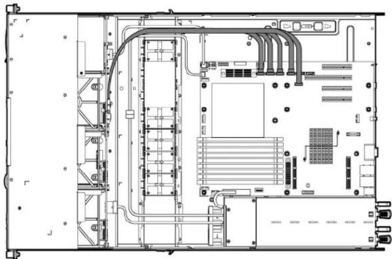 Technical line drawing of an internal server rack with connected modules and ventilation ducts (no text or labels)