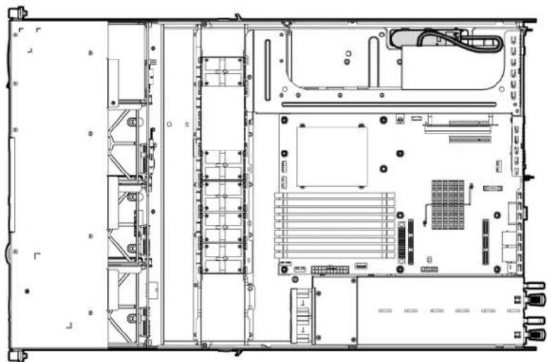 Technical line drawing of an electronic server rack with internal components and ventilation ducts (no text or labels)