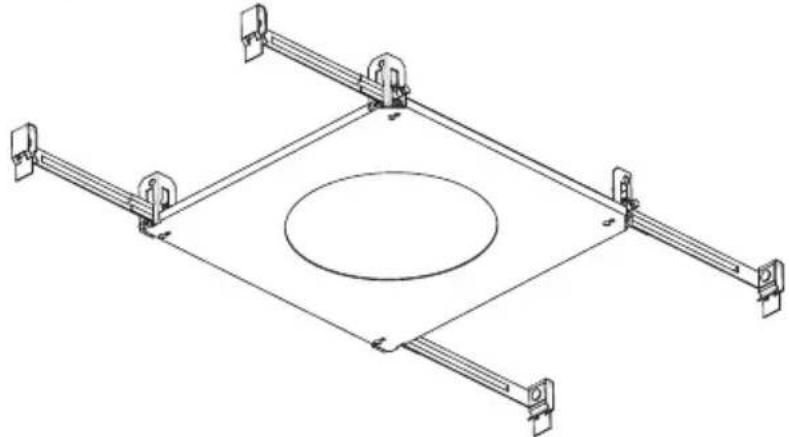 Technical line drawing of a mechanical frame assembly with mounting brackets and a central circular component (no text or symbols)