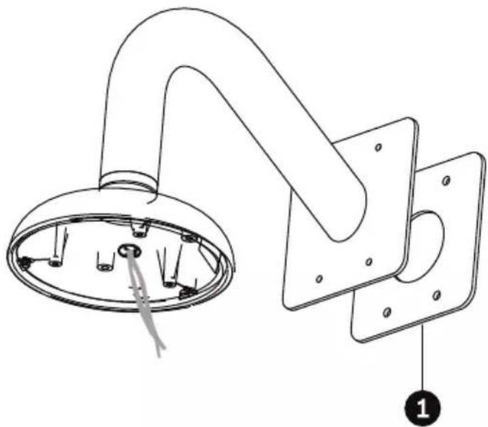 Technical line drawing of a ceiling-mounted electrical fixture with a curved arm and mounting bracket (no text or symbols)
