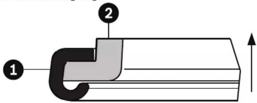 Diagram of a mechanical or fluidic device with labeled components 1 and 2, showing flow direction and component placement.