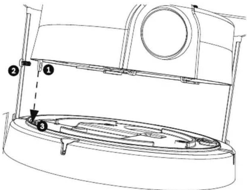 Technical diagram of a device casing with numbered components and a dashed line indicating a reference or adjustment.