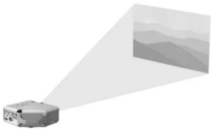 Illustration of a projector with a light beam projecting onto a mountain range (no text or symbols)