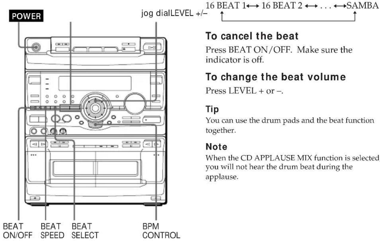 POWER 16 BEAT 1←→ 16 BEAT 2←→ ...←→ SAMBA jog dialLEVEL +/- ↑ To cancel the beat Press BEAT ON/OFF. Make sure the indicator is off. To change the beat volume Press LEVEL + or - . Tip You can use the drum pads and the beat function together. Note When the CD APPLAUSE MIX function is selected, you wil…