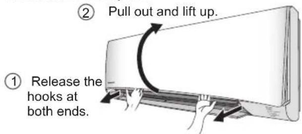 ① Release the hooks at both ends. ② Pull out and lift up.