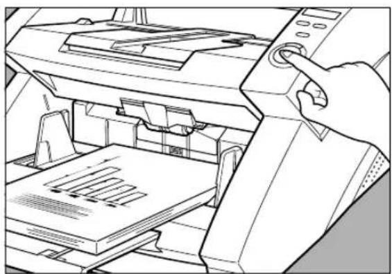 Line drawing of a printer in operation with a hand operating the paper (no text or symbols present)