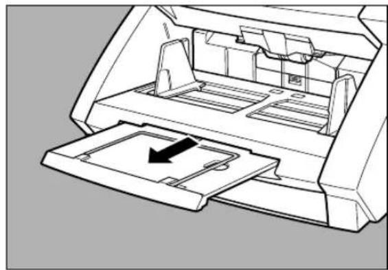 Diagram of a printer internal structure showing paper tray and printer casing with a black arrow indicating a download or transfer (no text or symbols present)