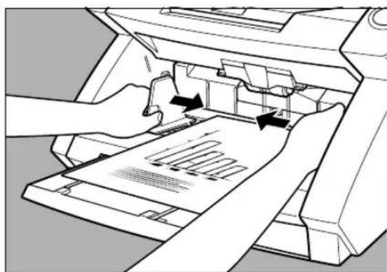 Illustration of a printer printer with paper being inserted, showing internal structure and arrows indicating process (no text or symbols)