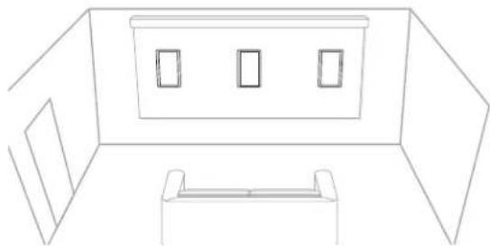 Line drawing of a minimalist room layout with three windows and a sofa (no text or symbols)