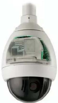 Close-up of a security camera with visible internal circuitry and lens (no text or symbols)