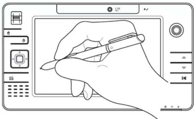 Line drawing of a hand holding a pen on a digital device screen (no text or symbols)
