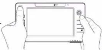 Line drawing of two hands holding a tablet device (no text or symbols visible)