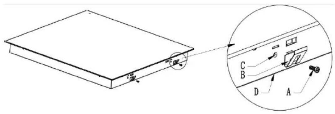 Technical diagram of a device with labeled components A, B, C, D and an inset view showing internal components.