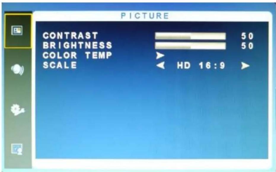 PICTURE CONTRAST 50 BRIGHTNESS 50 COLOR TEMP SCALE HD 16:9