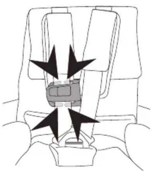 Line drawing of a car seatbelt with black star arrows indicating compression or dislocation (no text or symbols)