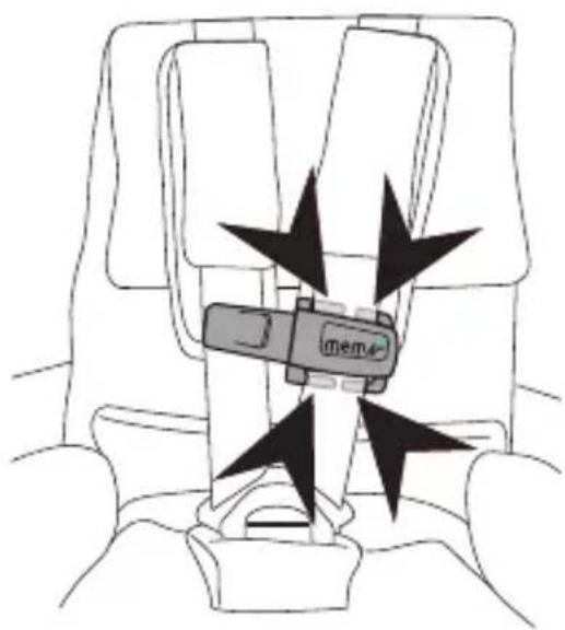 Line drawing of a car seatbelt with a device labeled 'mem' and black starburst arrows indicating force or pressure (no text beyond label)
