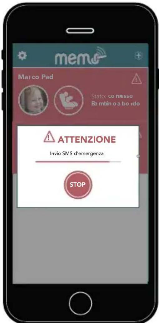 mem Marco Pad Stato: co nlesso B ambin o a bo ido ATTENZIONE Invio SMS d'emergenza STOP