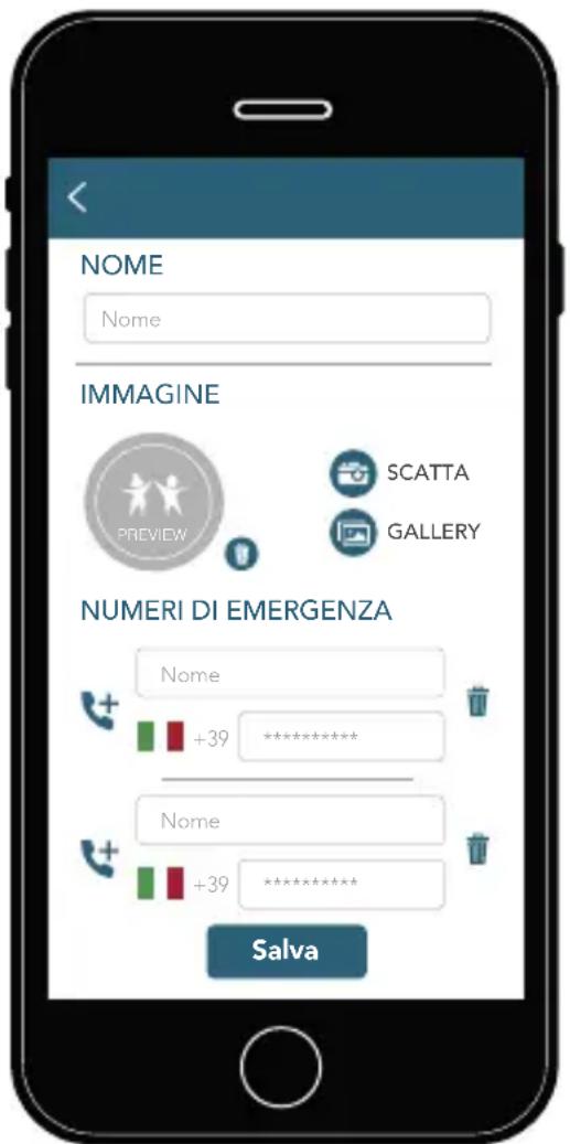 NOME Nome IMMAGINE PREVIEW SCATTA GALLERY NUMERI DI EMERGENZA Nome +39 ********** Nome +39 ********** Salva