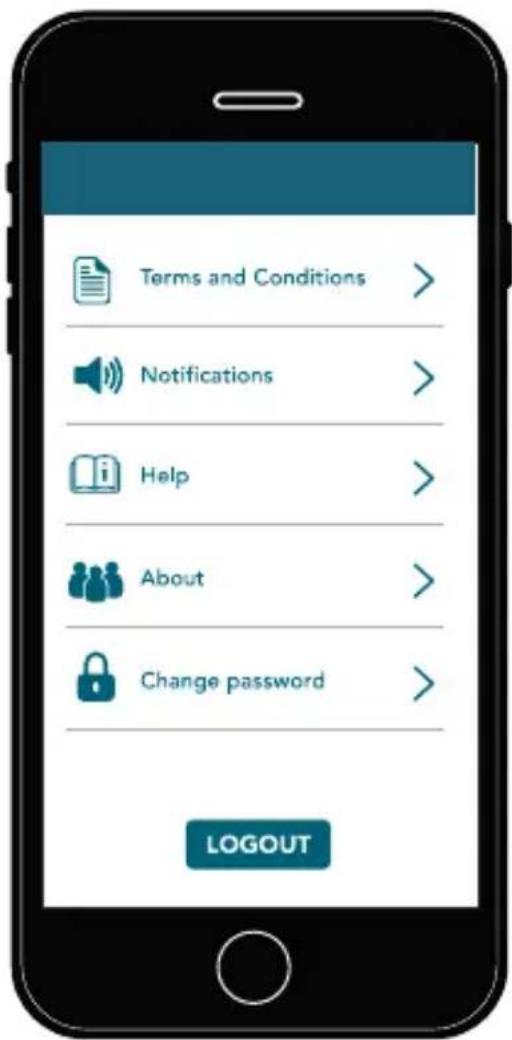 Terms and Conditions > Notifications > Help > About > Change password > LOGOUT
