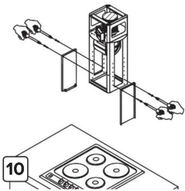 Technical illustration of a mechanical device with hands operating it, showing assembly and component details (no text or symbols)