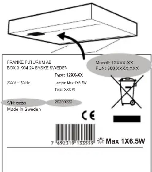 FRANKE FUTURUM AB BOX 9, 934 24 BYSKE, SWEDEN Typ: 12XX-XX 230 V - 50 Hz Lampa: Max 1X6.5W Total: XXX W Serienr: xxxxx Tillverkad i Sverige 20200222 Modell: 12XXX-XX FUN: 300.XXXX.XXX CE 7 692319 133559 Max 1X6.5W