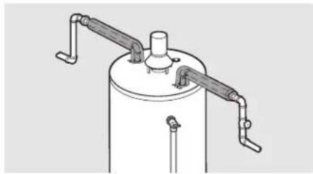 Technical line drawing of a cylindrical industrial vessel with two side pipes and a central column (no text or symbols)
