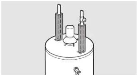 Technical line drawing of a cylindrical industrial vessel with three vertical tubes and a central column (no text or symbols)