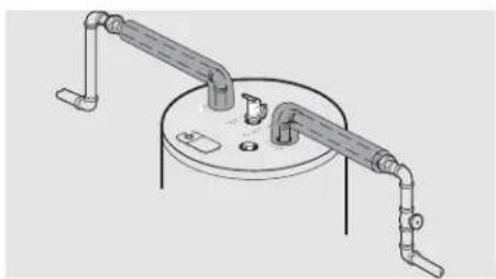 Technical line drawing of a cylindrical mechanical component with two flanged pipes and a central hub (no text or symbols).