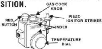 POSITION. RED BUTTON, GAS COCK KNOB, PIEZO IGNITOR STRIKER, INDEX, TEMPERATURE DIAL